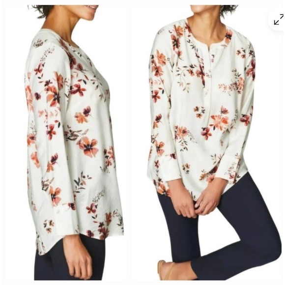 Womens J. Jill Floral Print Button Down Tunic Top Long Sleeve White Red Sz Large - Picture 1 of 7